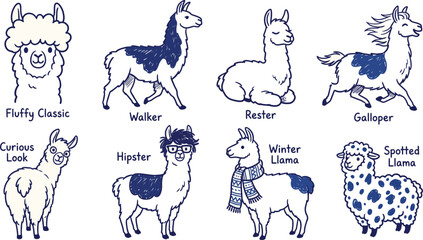 Obraz premium A collection of cute, hand-drawn alpacas in various poses and expressions, rendered in a simple blue line art style on a cream background.