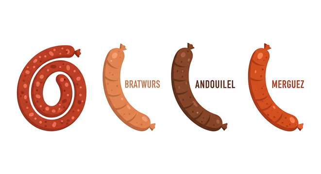 Set of different types of sausages, including bratwurst, andouille, and merguez
