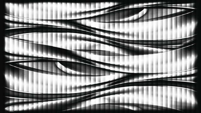 Black and white abstract wave pattern background with flowing lines and striped texture