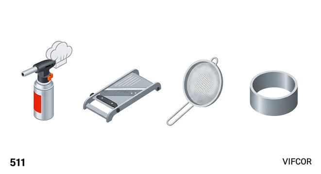 Set of professional kitchen tools including a culinary torch, mandoline slicer, fine mesh strainer, and a round pastry ring mold