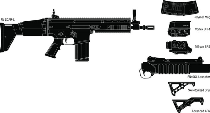 Black and white illustration of a tactical rifle with various firearm accessories and attachments.