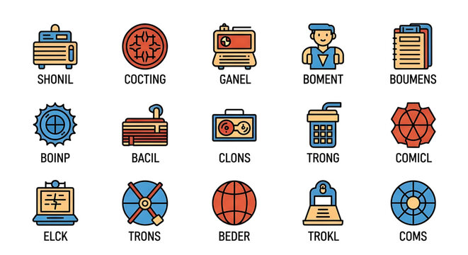 Set of 15 colorful flat line icons with labels, featuring various objects like electronics, tools, and symbols