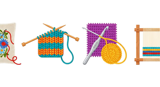 Set of needlework tools and crafts, embroidery, knitting, crochet and weaving