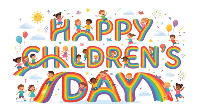 Happy Children's Day Celebration: A vibrant, heartwarming illustration celebrating children's day, with joyful children and a rainbow-colored design expressing happiness and innocence.
