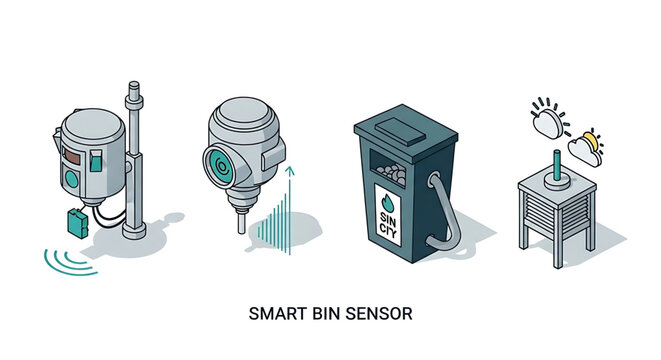 Smart bin sensor and waste management technology icons set