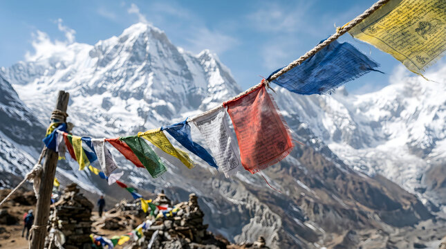 Prayer flags on mountain trail with snow-capped Himalayan peak