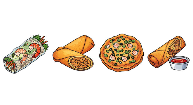 Set of traditional vietnamese food including fresh spring rolls, fried egg rolls, and savory pancake
