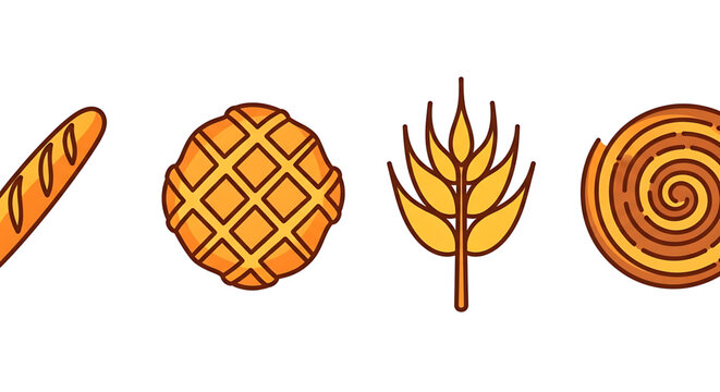 Set of bakery icons including baguette, bread bun, wheat stalk and cinnamon roll