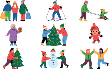 Fototapeta premium Winter Holiday Activities Vector Character Set with People Decorating Christmas Tree Skiing Sledding and Building Snowman for Seasonal Banner Designs