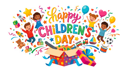Obraz premium Children's Day Joyful Illustration: A vibrant and lively illustration celebrating Children's Day, featuring happy children surrounded by gifts, toys, and festive decorations.