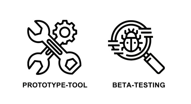 Prototype tool and beta testing icons with magnifying glass software development bug fixing quality control product development prototype software
