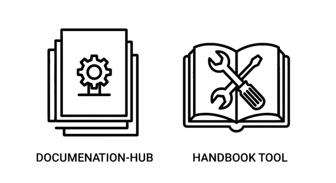 Documentation hub and handbook tool icons with instruction manual technical documentation user guide knowledge base reference material information resou