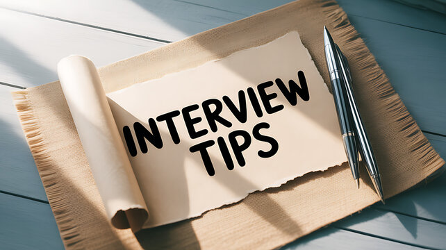 A torn paper with 'INTERVIEW TIPS' on a wooden table with a pen and rolled paper.
