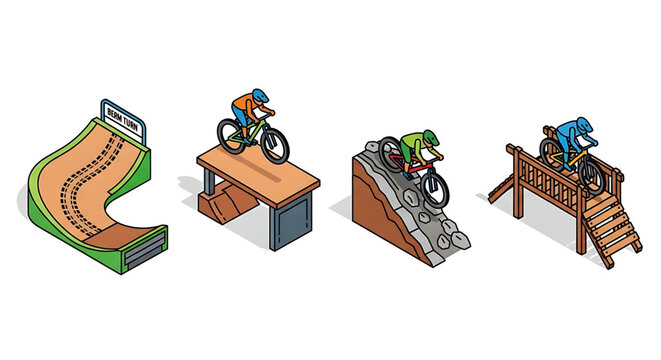Set of mountain bike trail features including a berm turn, wooden platform, rock garden, and wooden bridge