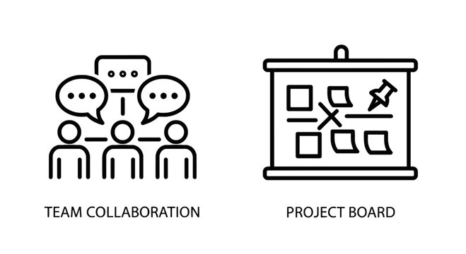 Team collaboration and project board icons with collaboration discussion communication strategy planning illustration business brainstorming progress