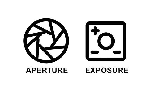 Camera aperture and exposure icons with text labels camera settings photography settings technical settings graphic elements white background line art
