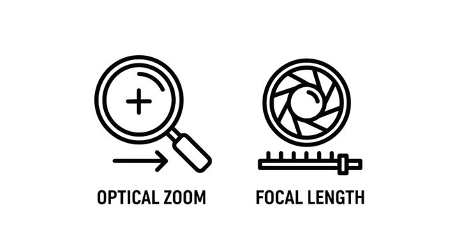 Optical zoom and focal length icons - photography concepts with magnifying glass camera lens photography illustration technology optometry aperture