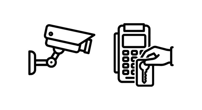 Security system icons - surveillance camera and access control with entry point security surveillance card reader illustration technology business