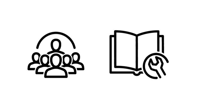 Team group of people icon and open book with wrench for support and learning outline problem solving community collaboration maintenance education
