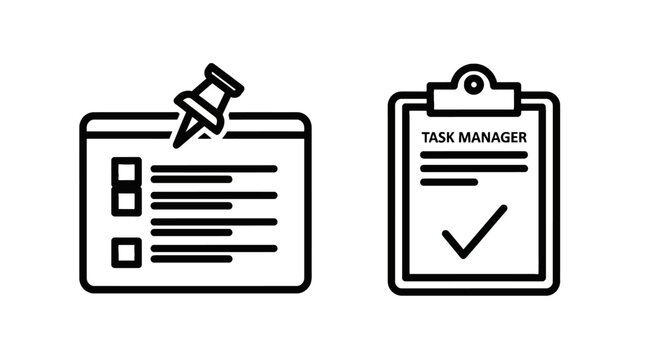 Pinned document with checklist and task manager clipboard icons for to-do lists and project organization line art white background document checklist
