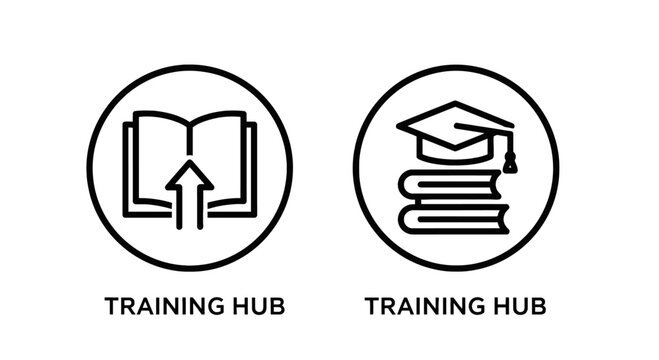 Training hub outline icons for education and learning representing knowledge sharing and skill development graduation cap online learning e learning