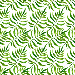 Green tropical palm leaves, bright summer watercolor seamless pattern hand drawn. Fresh, vibrant exotic plants for design, packaging, and fabric. © Olga Osipchuk	