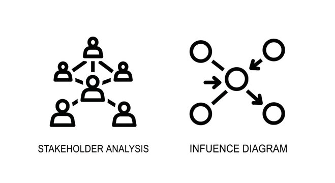 Stakeholder analysis network and influence diagram outline icons with stakeholder analysis influence business management connection relationship
