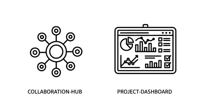 Collaboration hub network and project dashboard data visualization outline icons with collaboration dashboard visualization business management teamwork