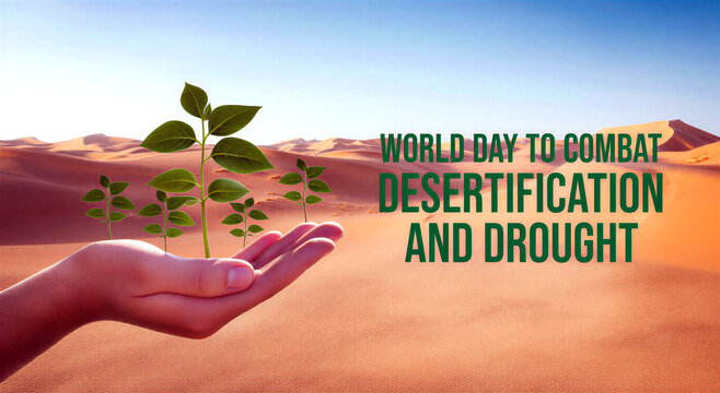World day to combat desertification and drought concept with green saplings growing in hand over desert sand