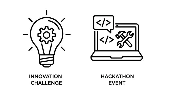 Innovation challenge and hackathon event icons featuring light bulb gear and laptop with coding tools for software development and technical problem solving