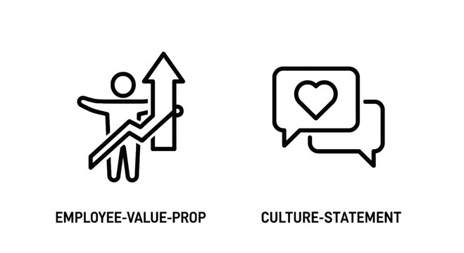 Professional business icons representing employee value proposition and organizational culture statement with growth arrow and heart symbols in speech