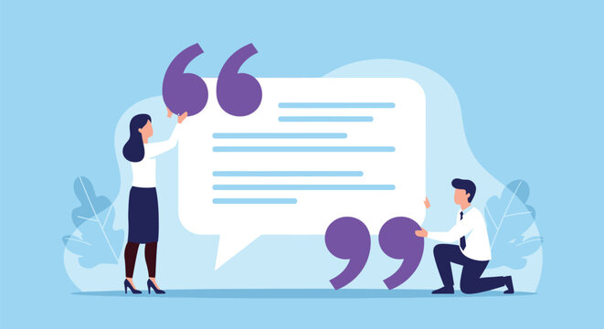 Business communication concept with man and woman working together on speech bubble quotation marks representing teamwork collaboration content creation.