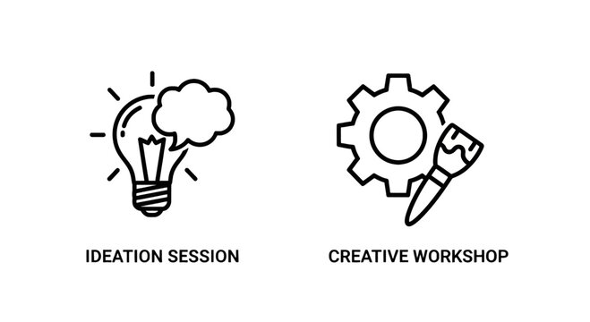 Minimalist business icons for ideation session and creative workshop featuring a lightbulb with thought bubble and gear with paintbrush symbols, ideation