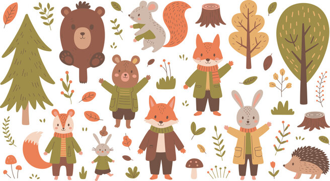 Cute Woodland Animals in Clothes Vector Collection with Autumn Trees and Forest Elements for Nursery Decor and Kids Book Illustrations