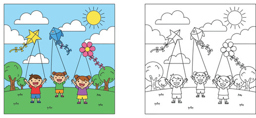 Obraz premium Coloring book page with cute children flying kites in the park, vector illustration with colorful and black and white outline versions.