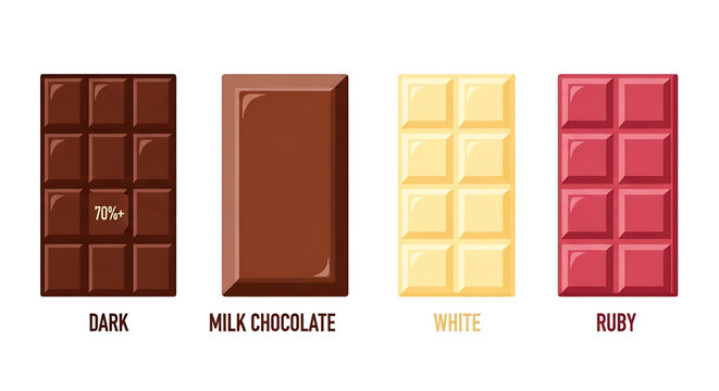 Set of different types of chocolate bars dark, milk, white, and ruby chocolate