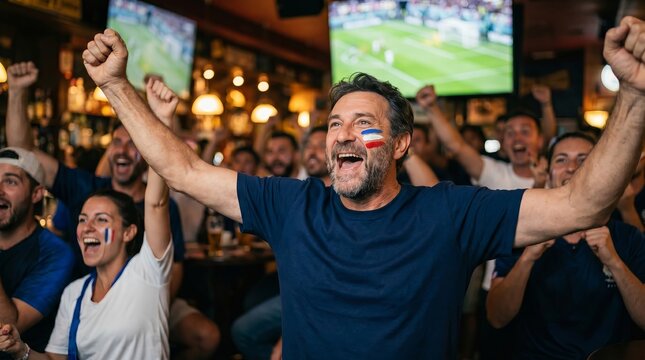 Middle-aged French sports fan applying tricolor face paint to his cheek