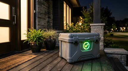 Obraz premium A gray cooler with a green checkmark on the front sits on a wooden porch at night.
