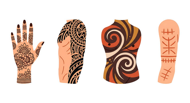 Set of different body art styles, including henna, tribal, abstract, and scarification tattoos on human body parts
