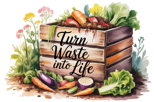 Fresh vegetables spilling out of a wooden crate in a garden setting with flowers hhh