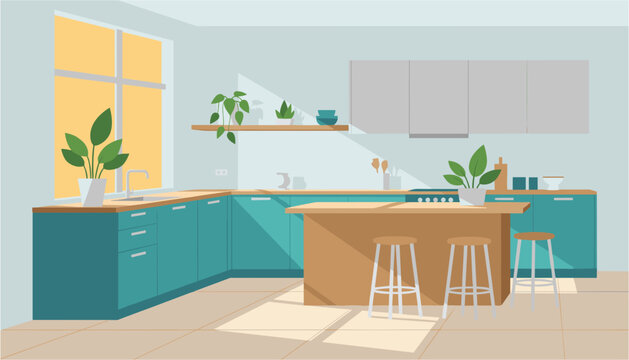 Modern kitchen island with bar stools and green cabinets near a window
