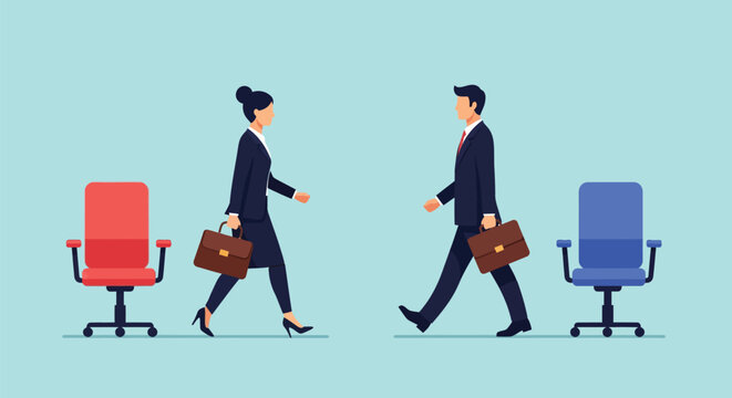 Business woman and man walking away from office chairs toward each other showing career transition job change recruitment and hiring process concept image.