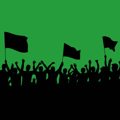 Fototapeta premium Silhouette of energetic people holding flags and cheering against a bright green flat color background.