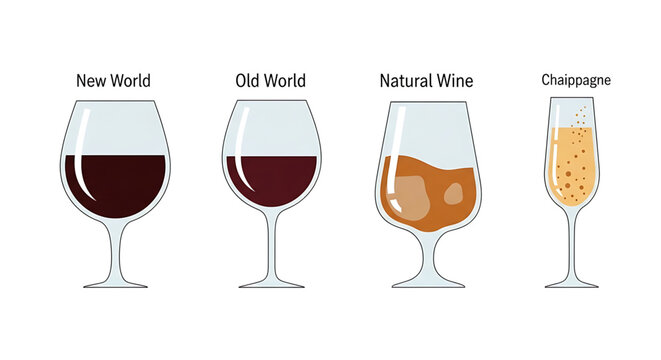 Set of different wine glasses with various types of wine including new world, old world, natural wine, and champagne