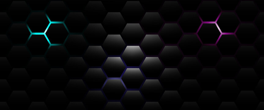 Dark hexagon abstract technology background with blue and pink colored bright flashes under hexagon. Hexagonal gaming vector abstract tech background.