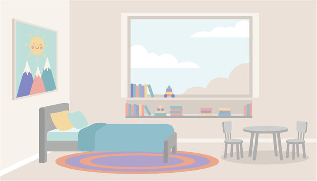 Bright and cheerful children's bedroom with bed, toys, and study area