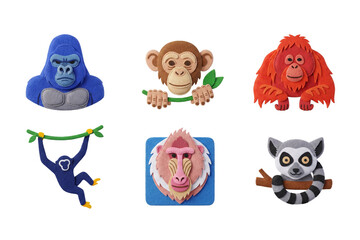 Set of jungle primates in felt craft style with gorilla, chimpanzee, orangutan, gibbon, baboon, and lemur isolated on white. © 𝙈𝙧. 𝙈𝙀𝙎𝘼
