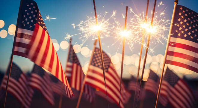 American flags and sparklers celebrating independence day