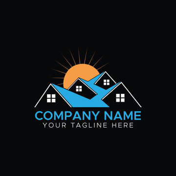 Modern Real Estate Logo with Blue Houses and Orange Sun on Black Background