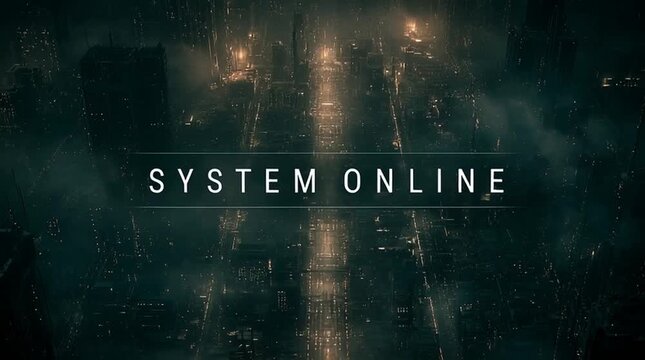 City at night viewed from above with synchronized moving lights forming patterns, huge centered typography reading &ldquo;SYSTEM ONLINE,&rdquo;